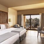twin bed, terrace, a couch and palm trees outside of the terrace at ocean view deluxe room at fanar resort in hawana salalah oman