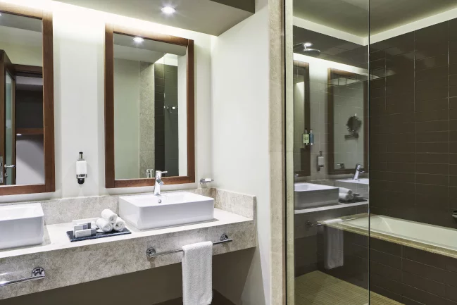 family room ocean view bathroom at Fanar hotel hawana salalah oman