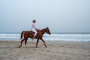 a man riding a horse at the beach at Hawana Salalah Oman